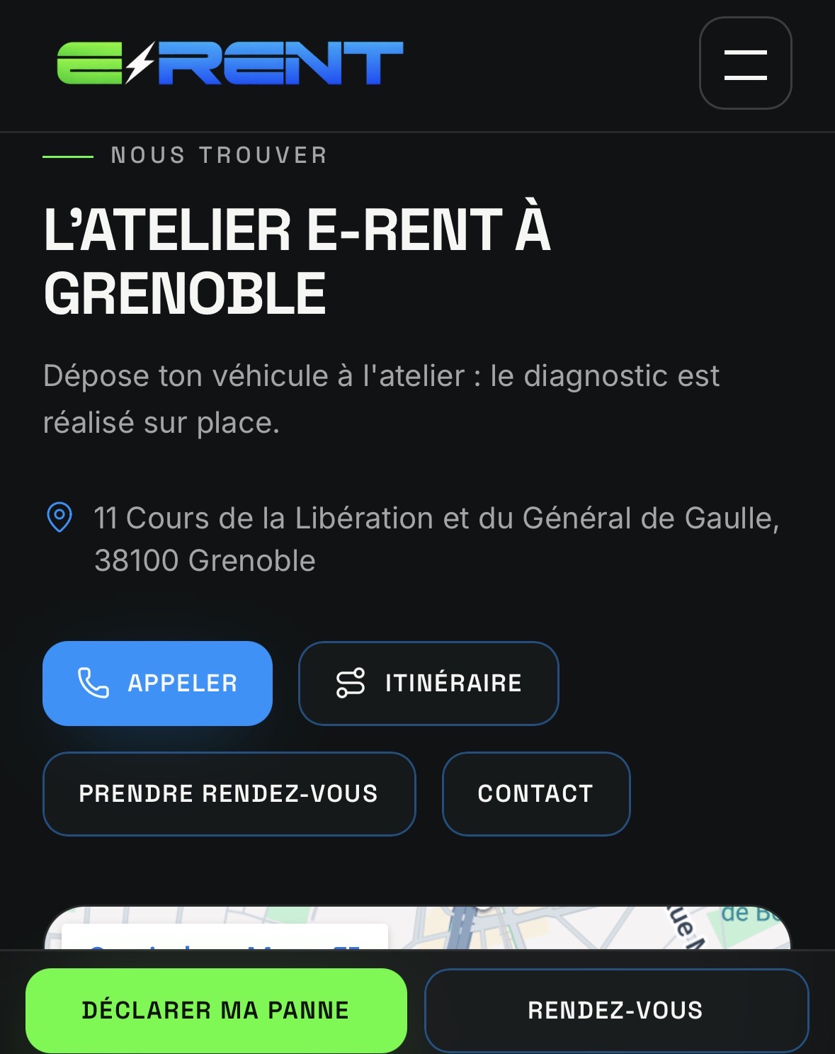 Page « L'atelier E-RENT à Grenoble » du site E-RENT sur mobile