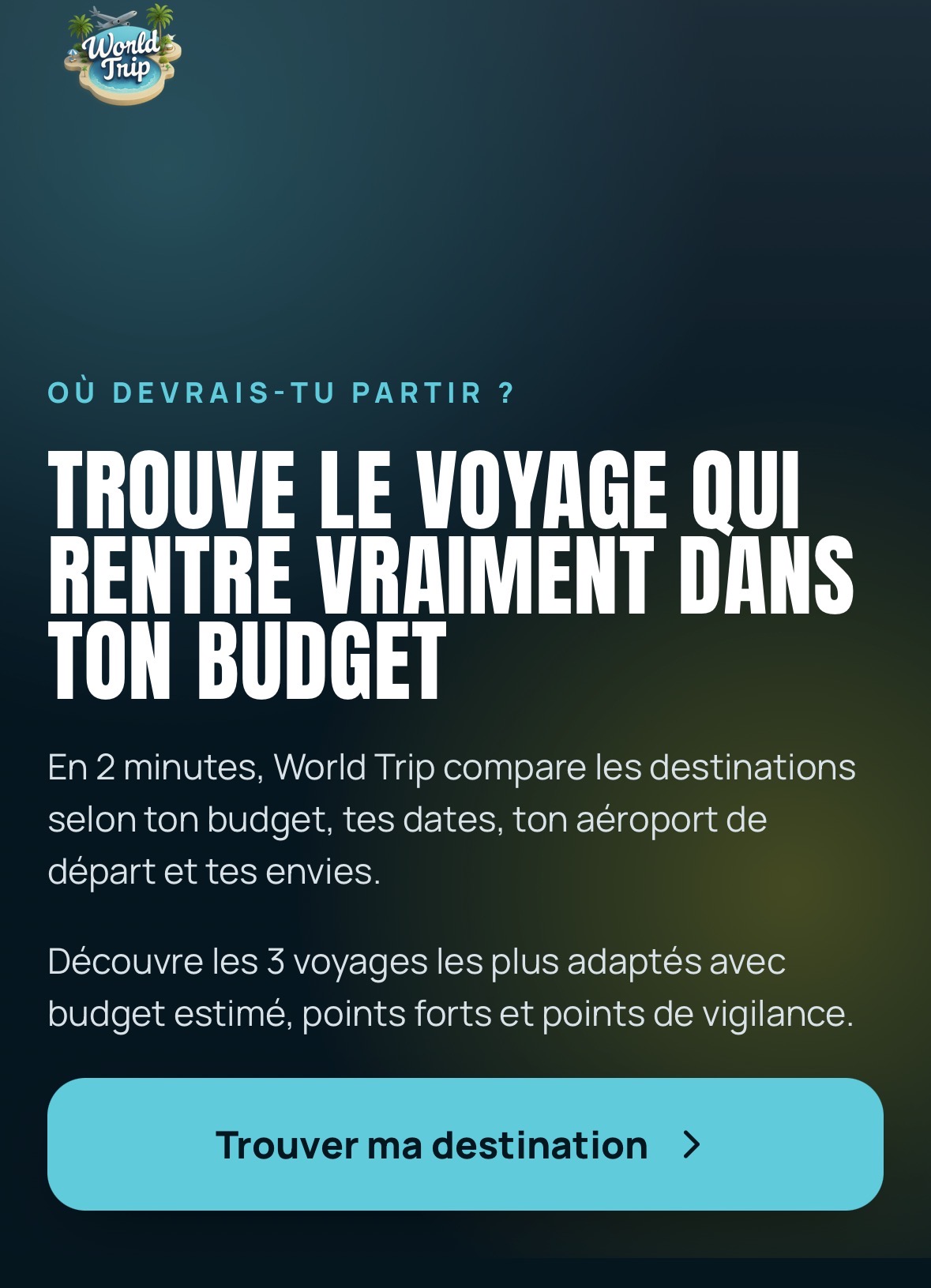 Écran d'accueil de WorldTrip Match sur mobile