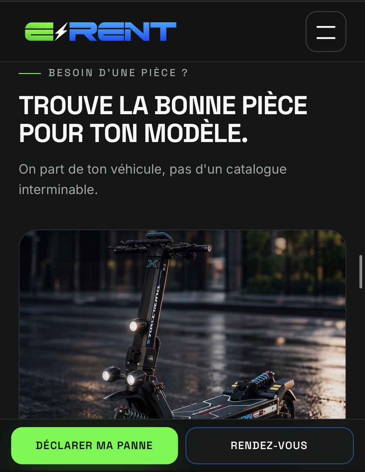 Page de recherche de pièces du site E-RENT sur mobile