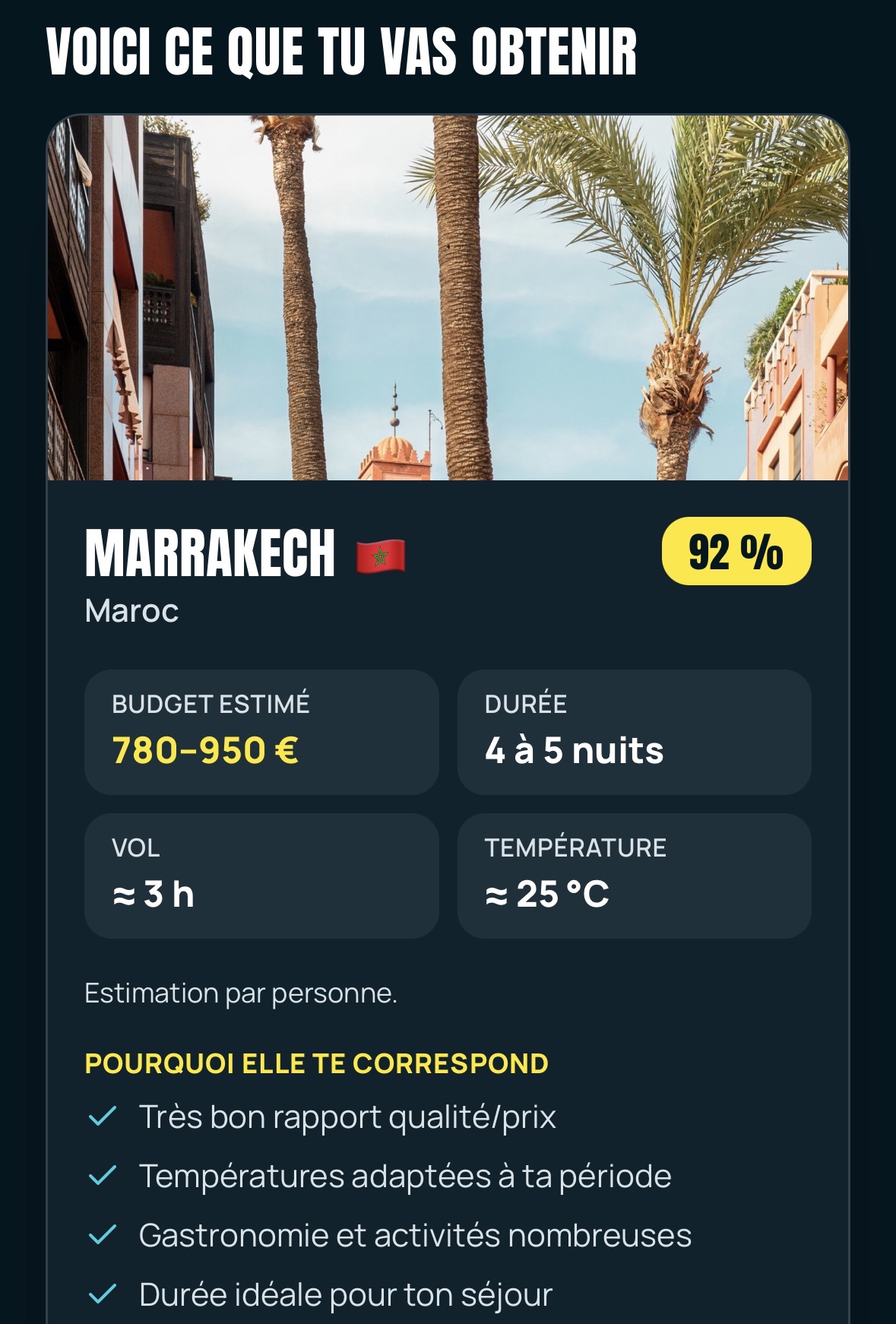 Résultat de destination Marrakech dans WorldTrip Match sur mobile